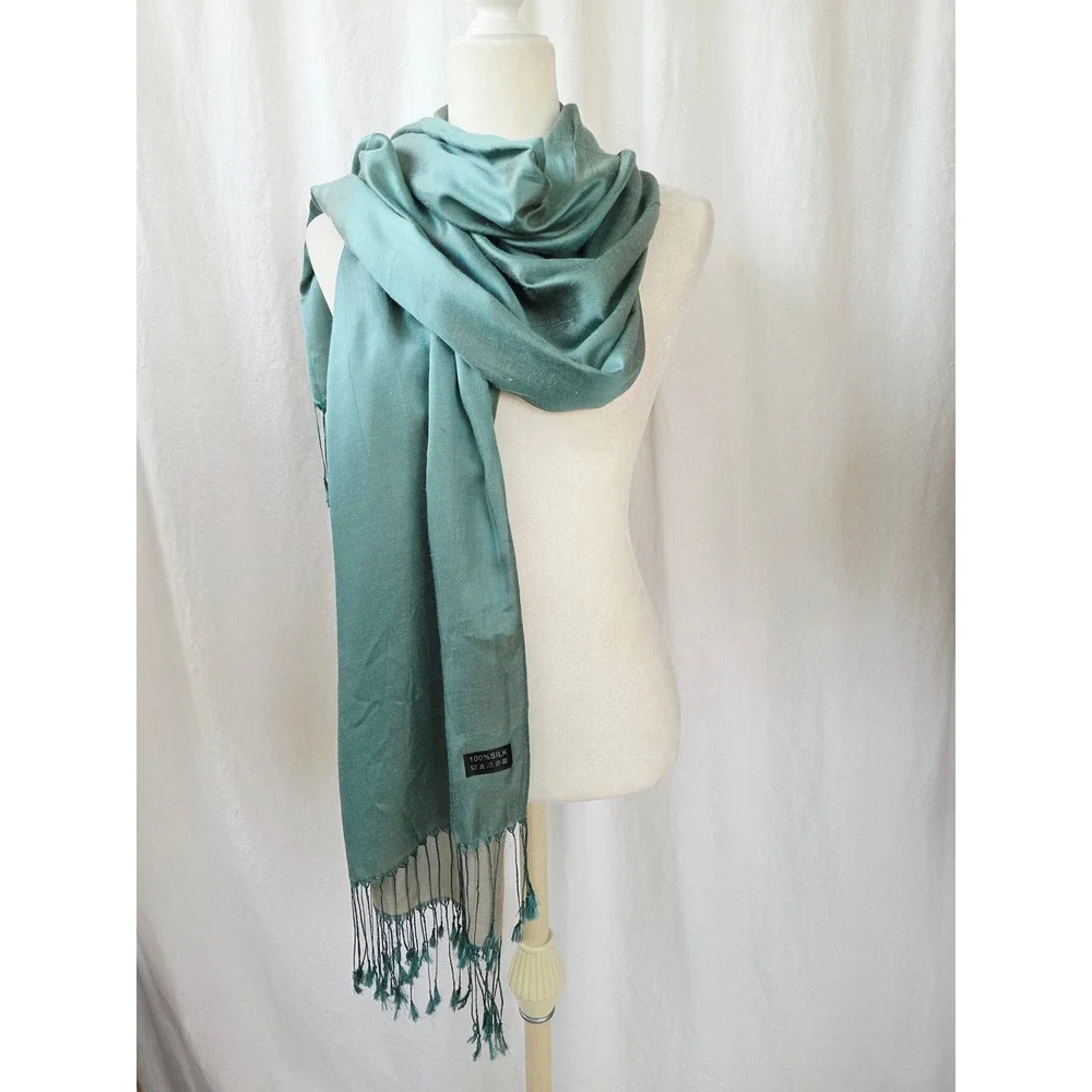 100% Silk Scarf Teal ecru Reversible Fringe Wrap Shawl 27x86